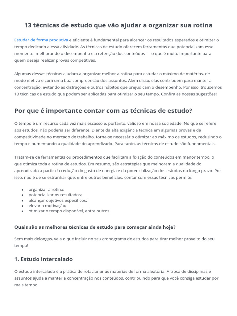 13 Técnicas de Estudo ORIENTADO | PDF | Aprendizado | Tempo