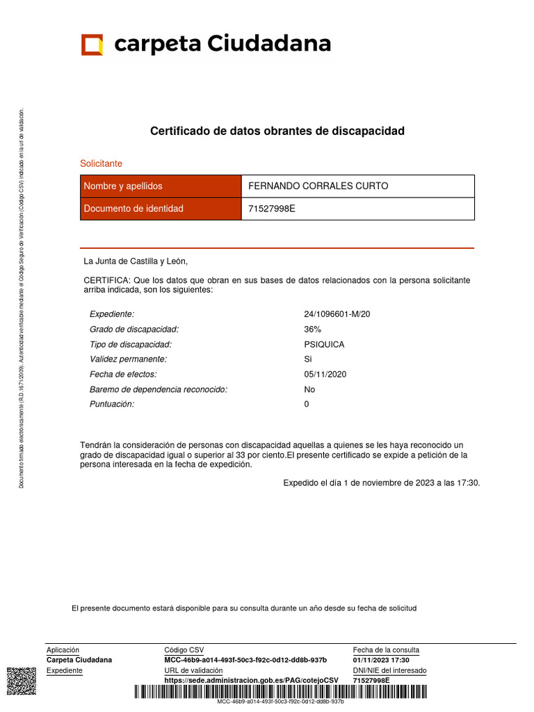 Certificado De Datos Obrantes Sobre Discapacidad PDF Documento De 