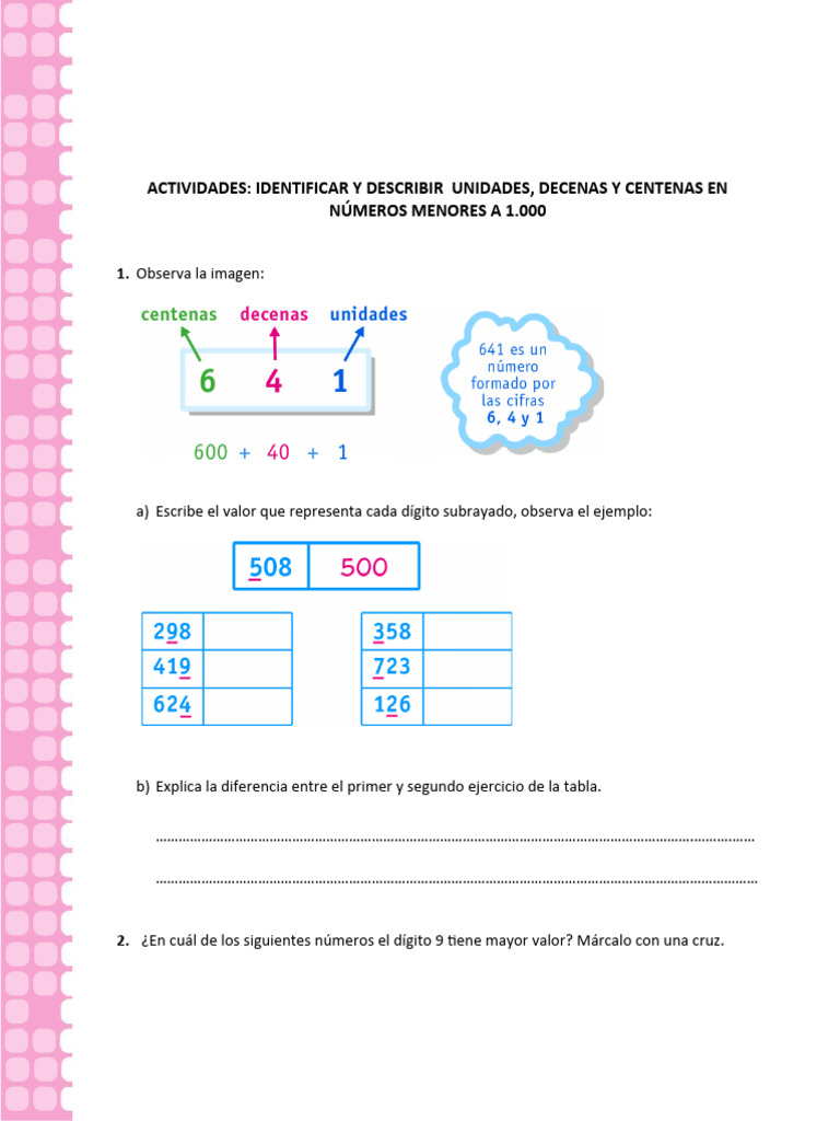 Identificar y Describir Unidades Decenas y Centenas en Numeros Menores ...