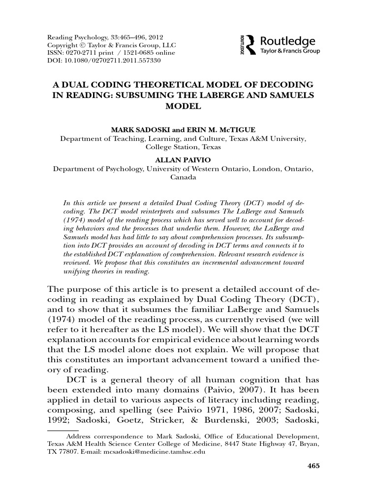 A Dual Coding Theoretical Model of Decoding | PDF | Semantics | Orthography