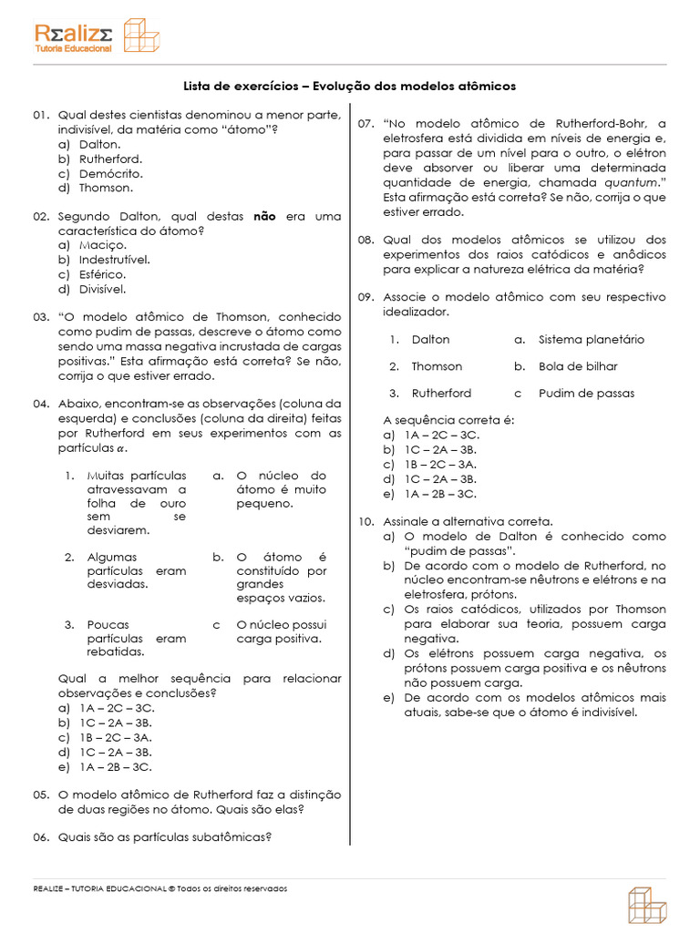 9 Ano Lista-de-exercicios-Evolucao-dos-modelos-atomicos | PDF | Próton ...