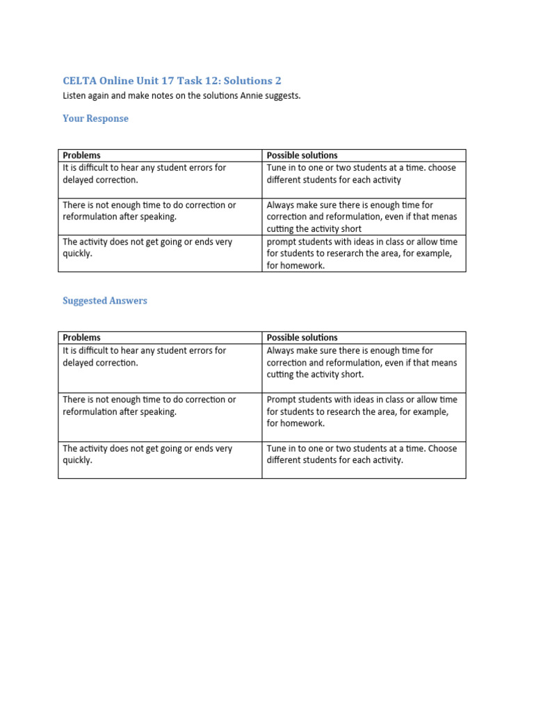 CELTA Online Unit 17 Task 12 - Solutions 2 | PDF