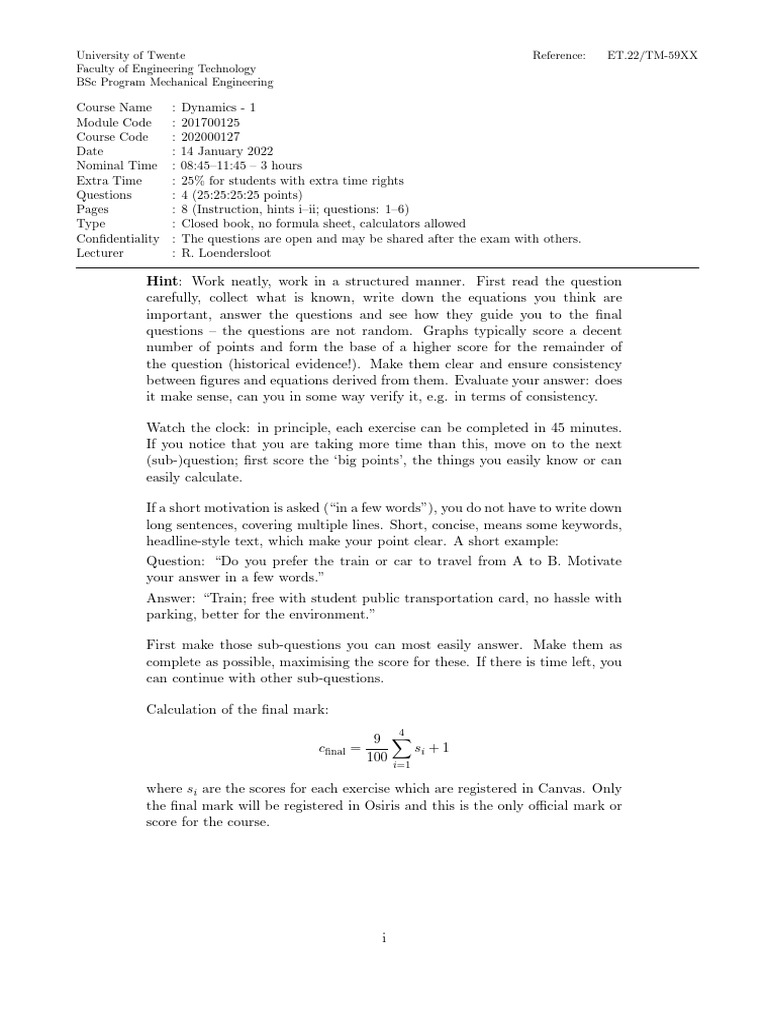 Mechanical Engineering Dynamics Exam 2022 | PDF | Velocity | Force
