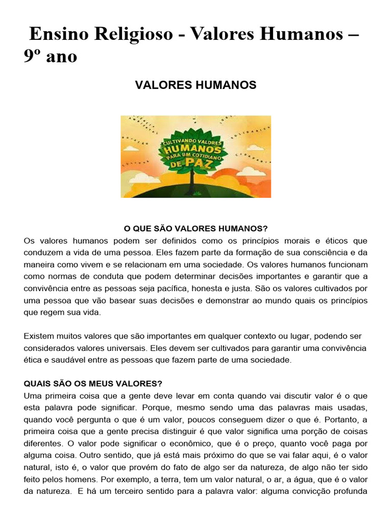 Valores Humanos no Ensino Religioso 9º Ano | PDF | Moralidade | Humano