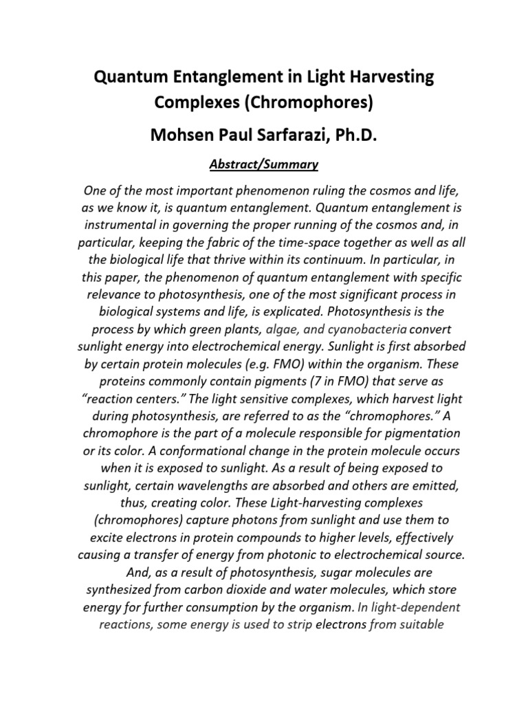 Quantum Entanglement in Photosynthesis | PDF | Photosynthesis | Chemistry