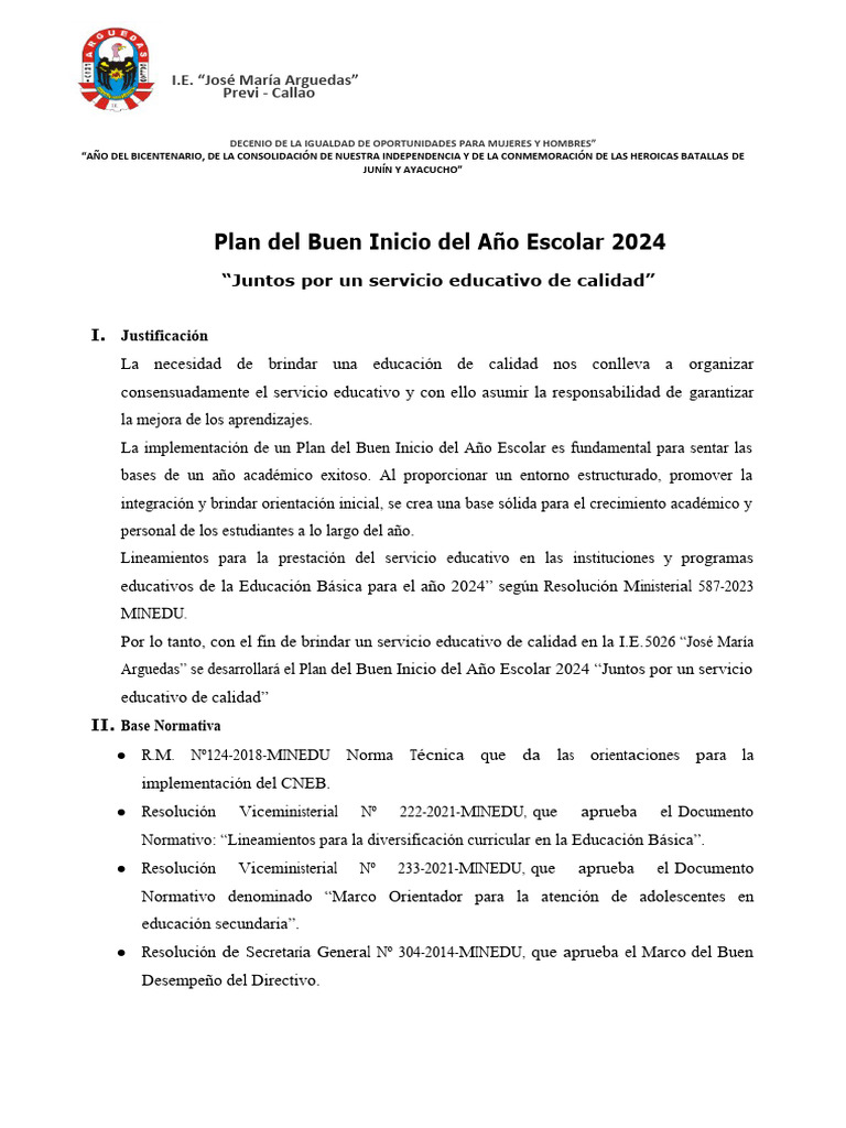 Plan Del Buen Inicio Del Año Escolar 2024 | PDF