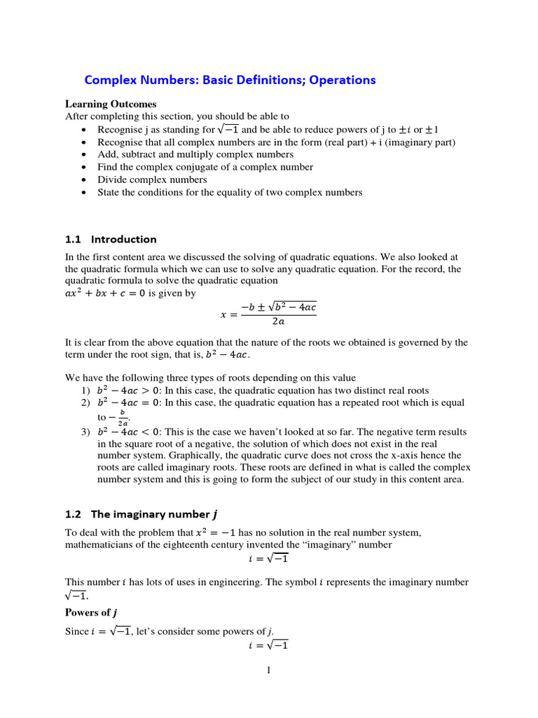 01 Intro To Complex Numbers | PDF | Quadratic Equation | Complex Number