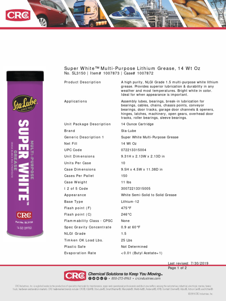 Sta Lube Super White Grease PDS PDF Bearing Mechanical 