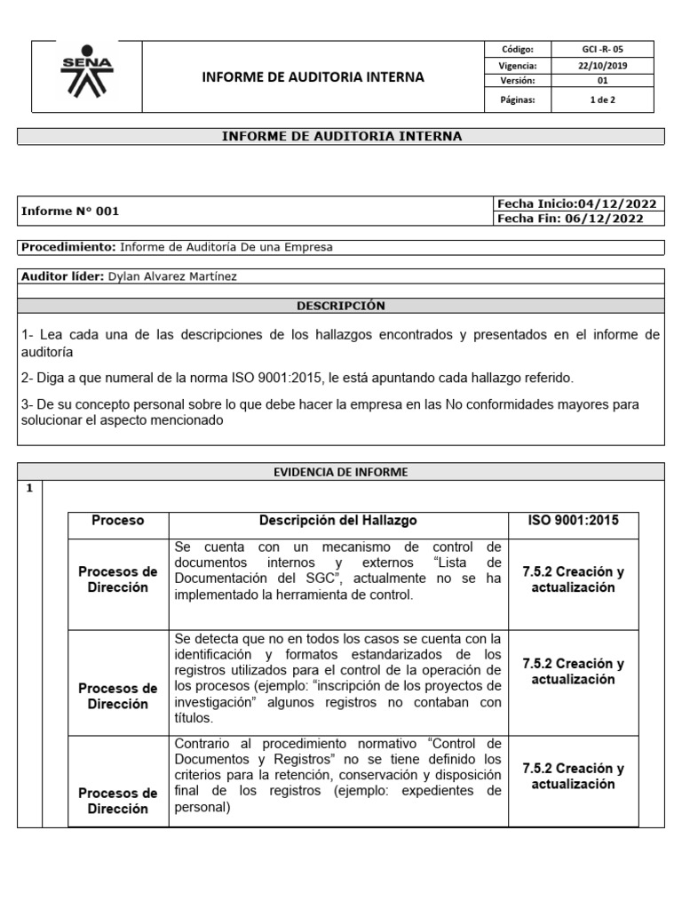 Informe de Auditoría Interna ISO 9001 | PDF | Auditoría | Plan de estudios