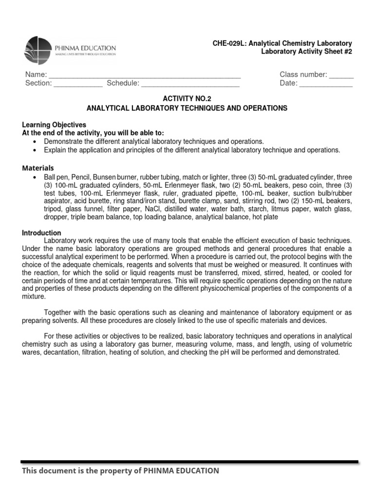 LAS2 CHE 029L Analytical Laboratory Techniques and Operations | PDF