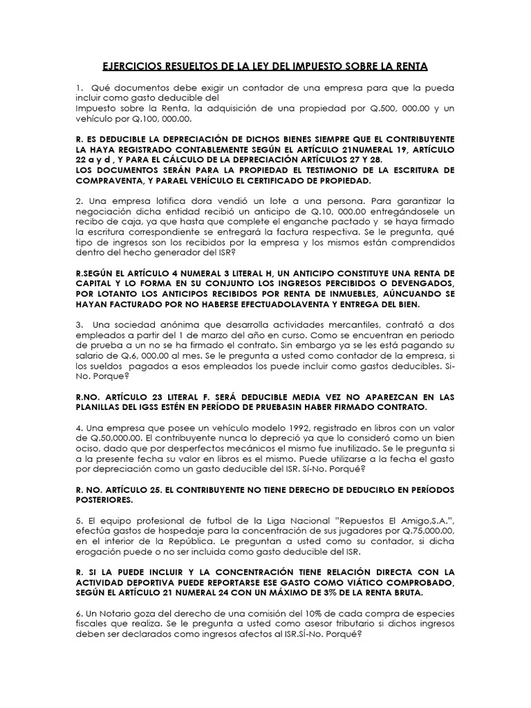 Ejercicios Resueltos de La Ley Del Impuesto Sobre La Renta | PDF ...