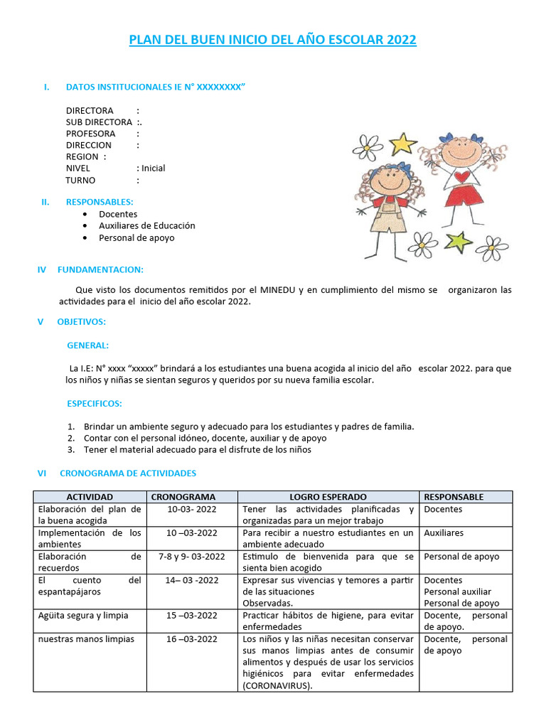 5 Años - Plan Del Buen Inicio Del Año Escolar | PDF | Evaluación | Las ...