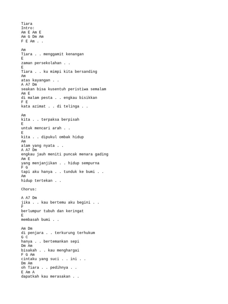 Lirik dan Kod Gitar Lagu Tiara | PDF