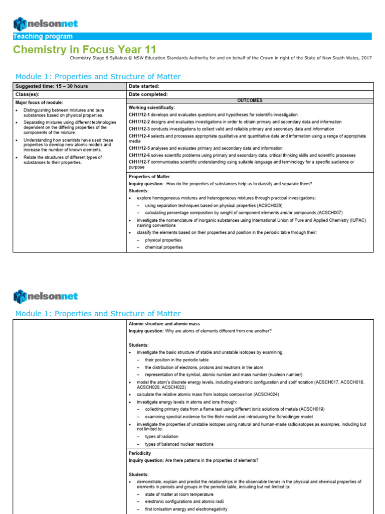 Chemistry in Focus Year 11 Teaching Program PDF