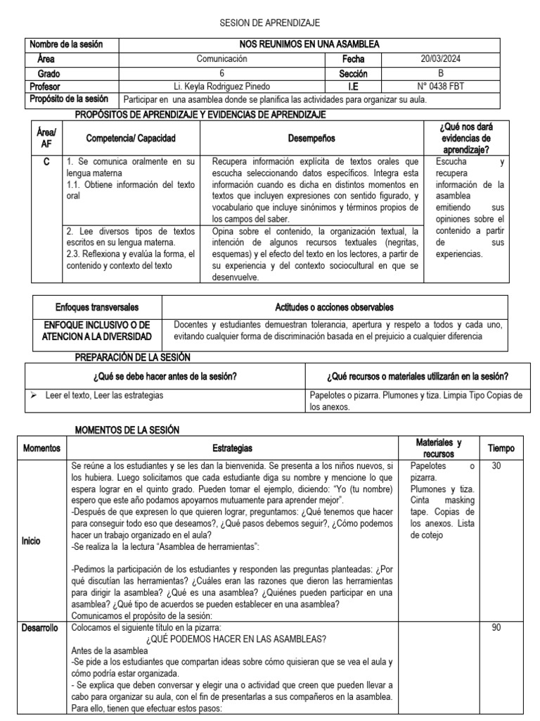 Asamblea para Organizar el Aula | PDF | Aprendizaje | Salón de clases