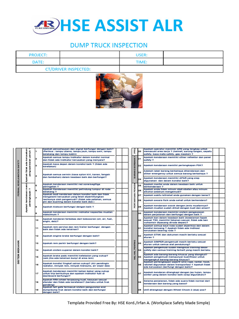 6.DUMP TRUCK - Inspection Template | PDF