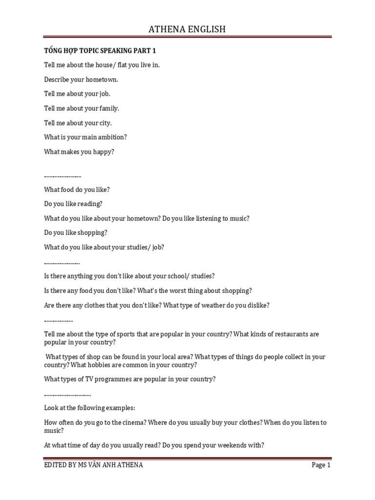 T NG H P Topic Speaking Part 1 | PDF