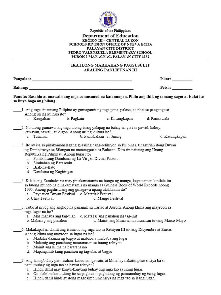 3rd Periodical Test AP III | PDF