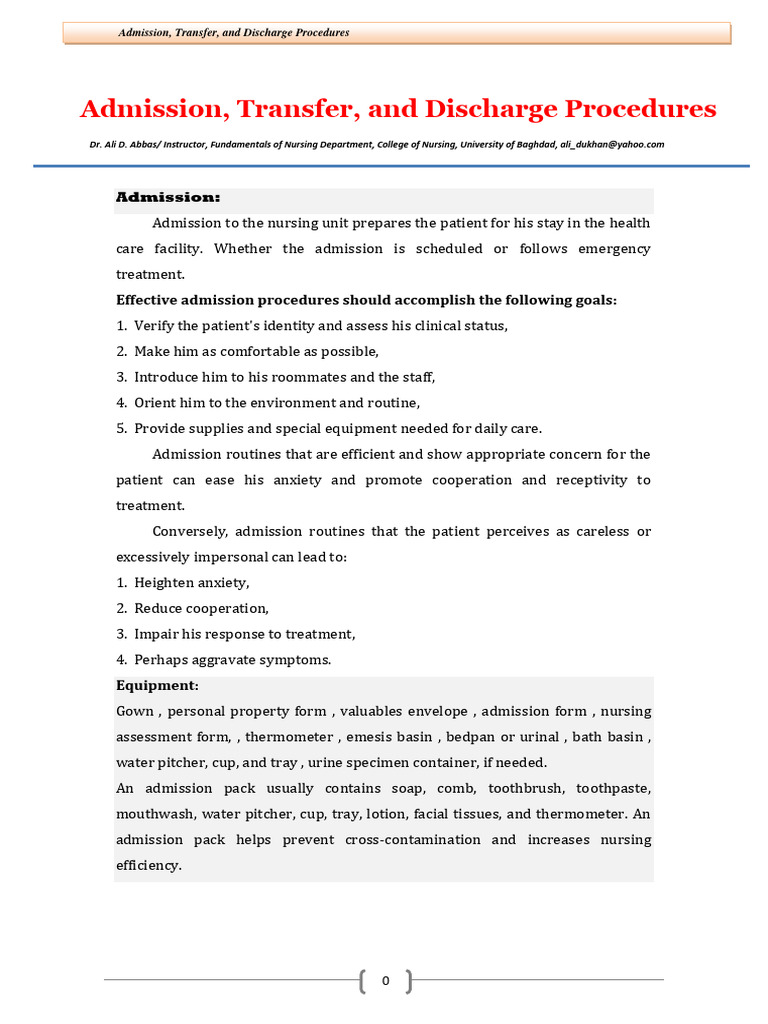 Admission, Transfer, and Discharge Guide | PDF | Patient | Nursing