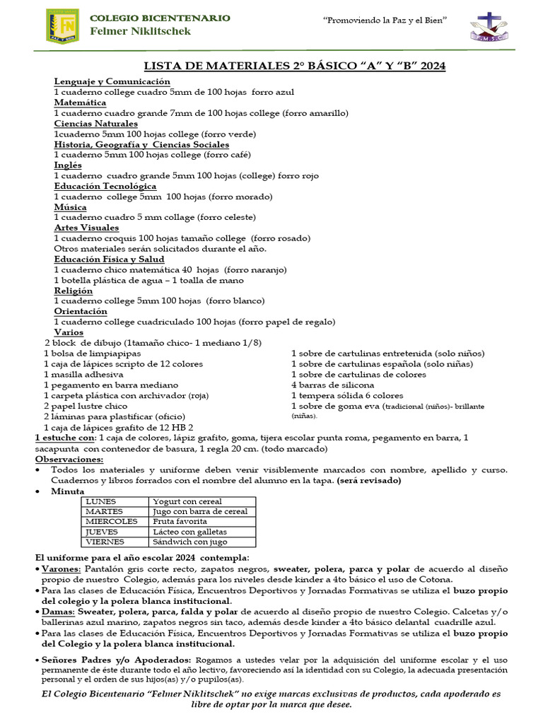Lista de Materiales 2º Basico 2024 | PDF | Lápiz | Educación de la ...