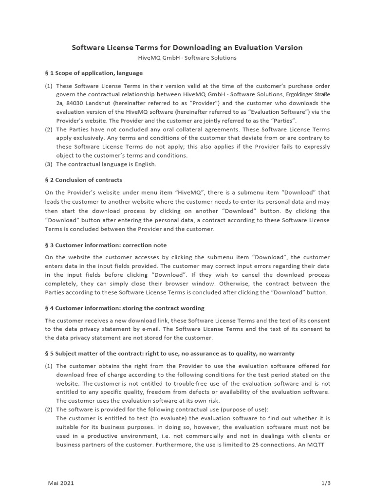 Hivemq software evaluation terms pdf legal liability software