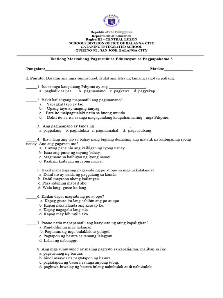 3rd Periodical Test In Esp 3 Pdf