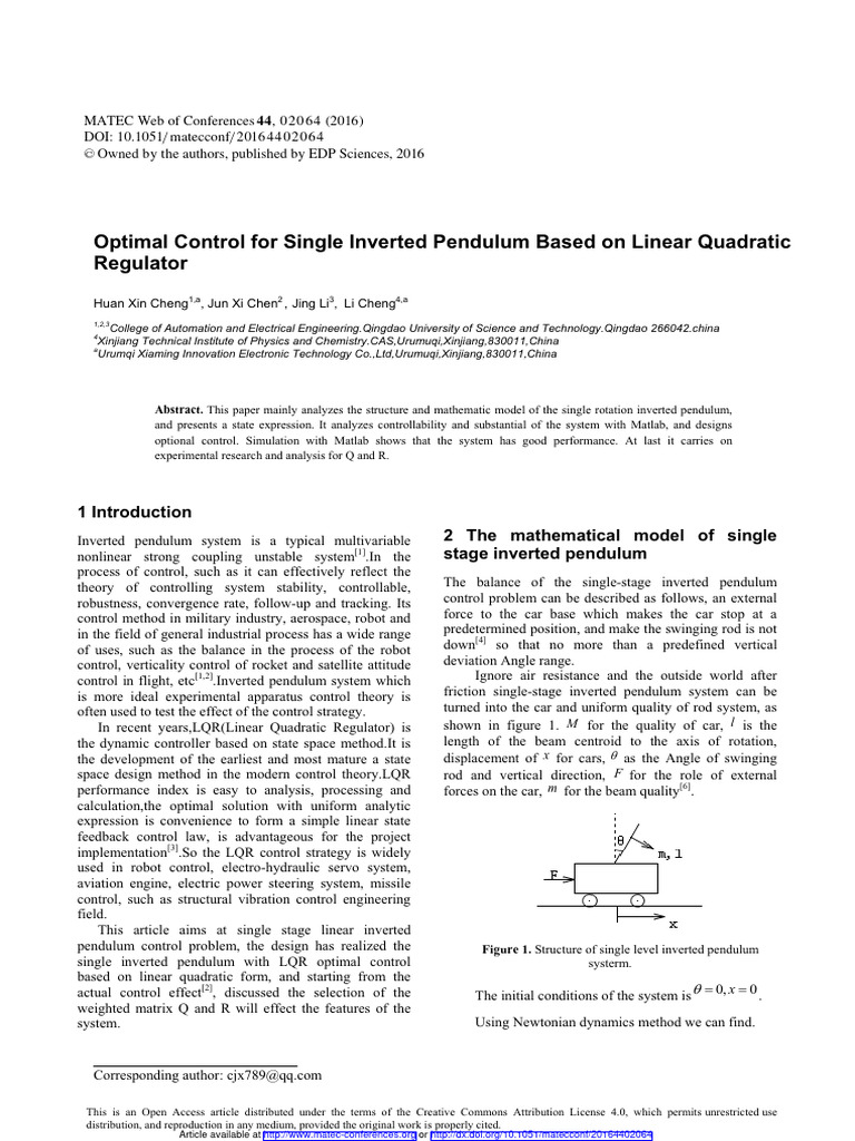 LQR Optimal Control for Inverted Pendulum | PDF | Control Theory ...