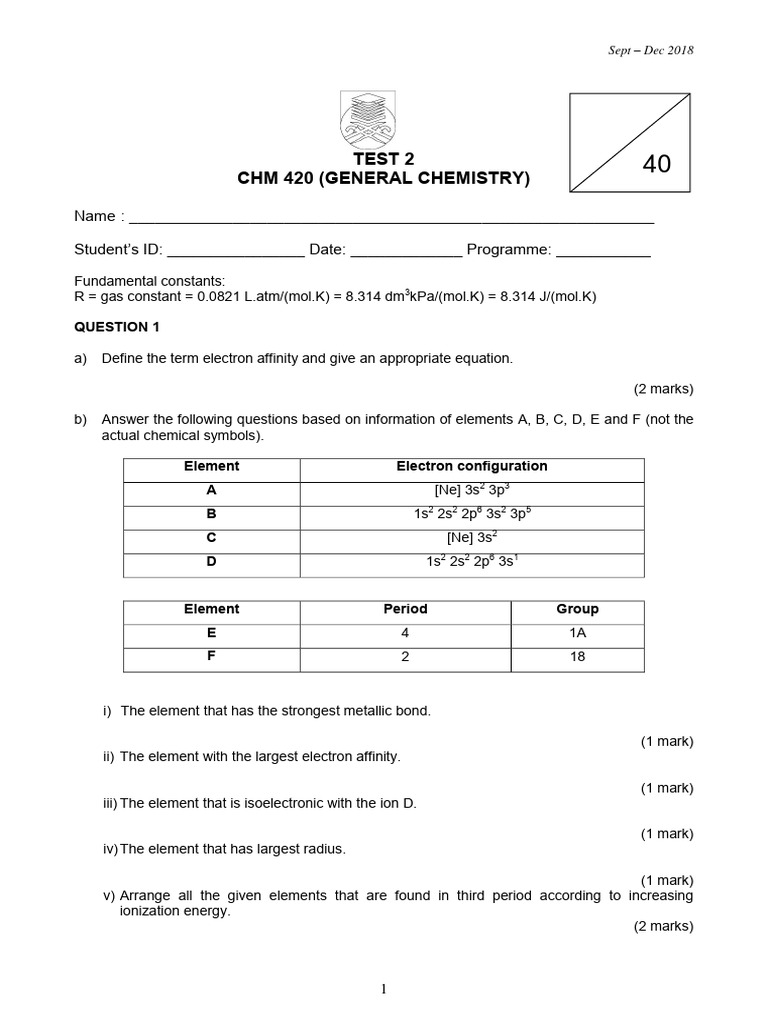 Test 2 - Sept - Dec 2018 | PDF | Science & Mathematics