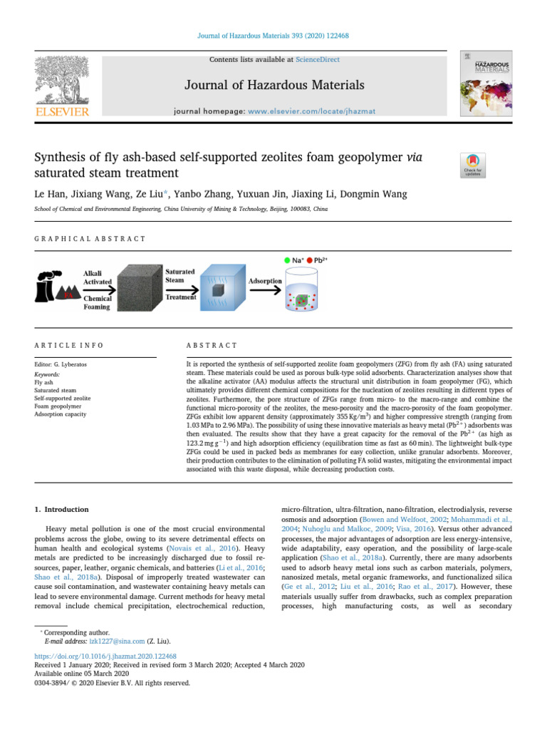 Fly Ash Zeolite Foam for Metal Adsorption | PDF | Adsorption | Zeolite