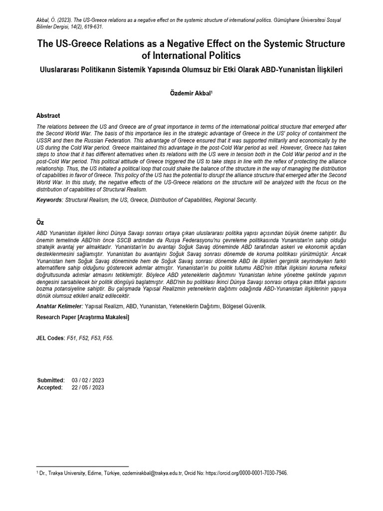 The US-Greece Relations As A Negative Effect On The Systemic Structure ...