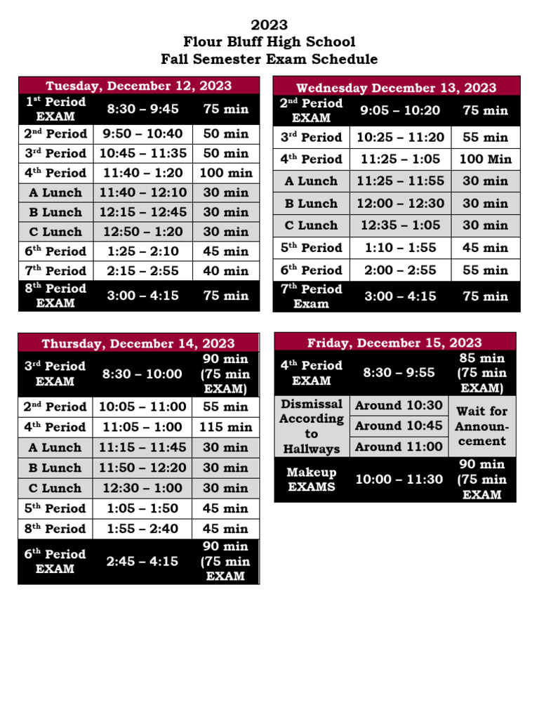 FBHS 2023 Fall Exam Schedule PDF