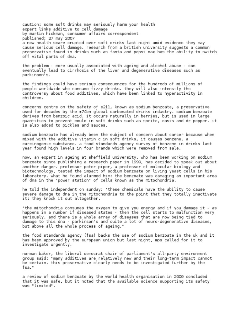 Sodium Benzoate in Soft Drinks PDF Soft Drink Beverages