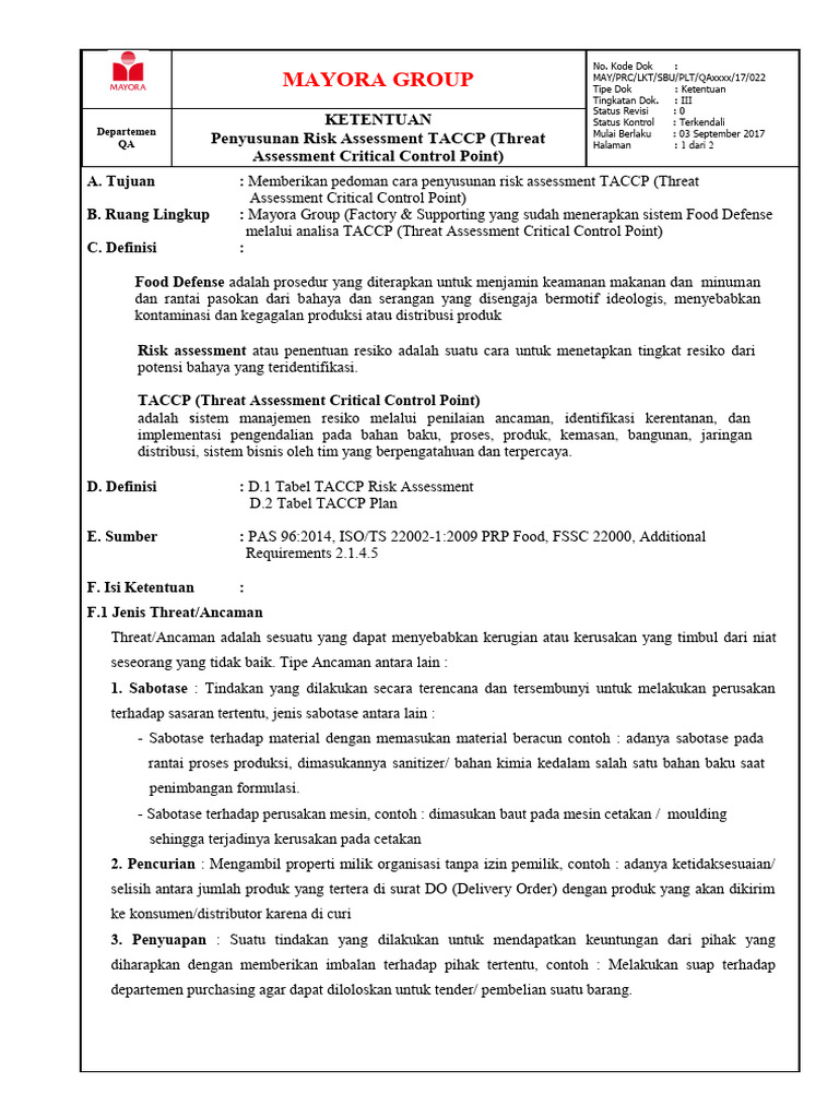 Penyusunan Risk Assessment TACCP | PDF