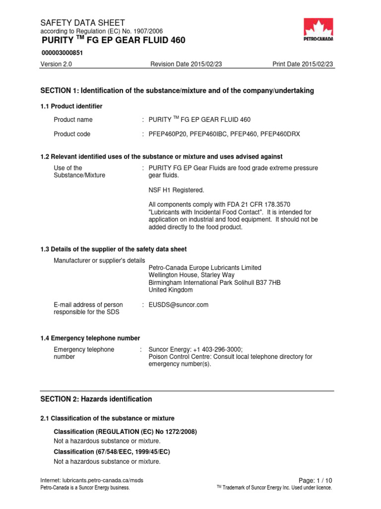 3.MSDS Purity FG EP Gear Fluid 460 PDF Toxicity Firefighting