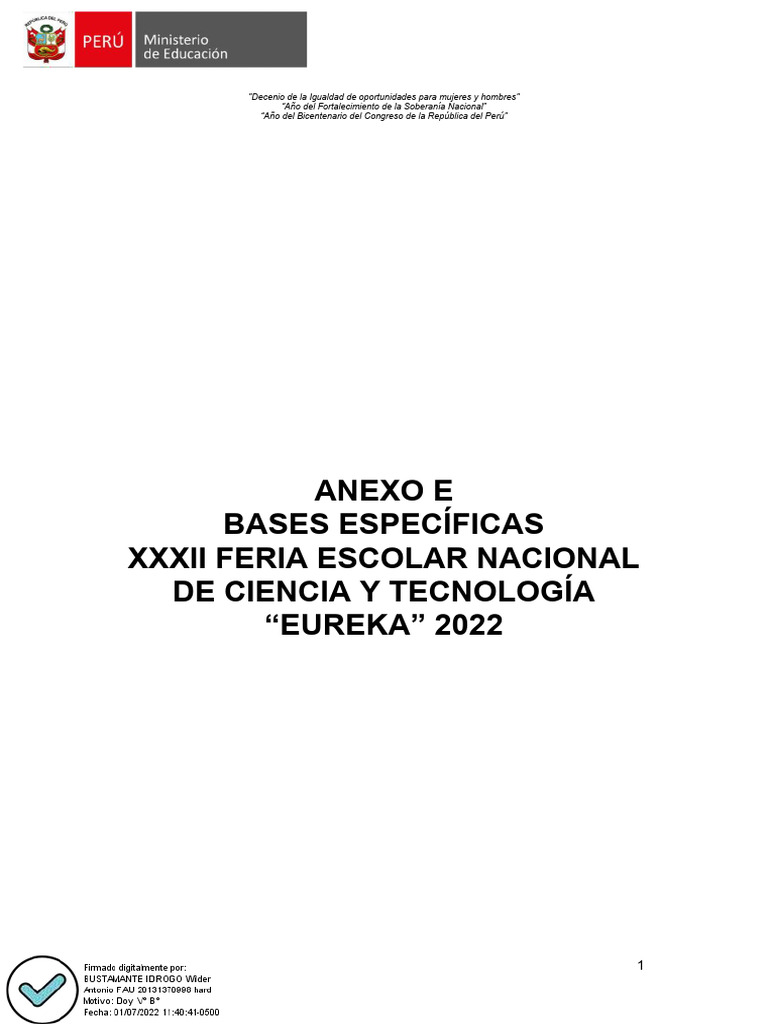 Bases Feria Escolar de Ciencia y Tecnología Eureka 2022 - RVM - # - 083 ...