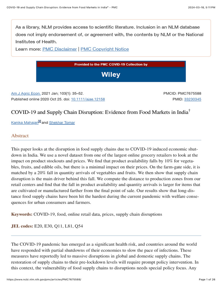 COVID 19 and Supply Chain Disruption: Evidence From Food Markets in ...