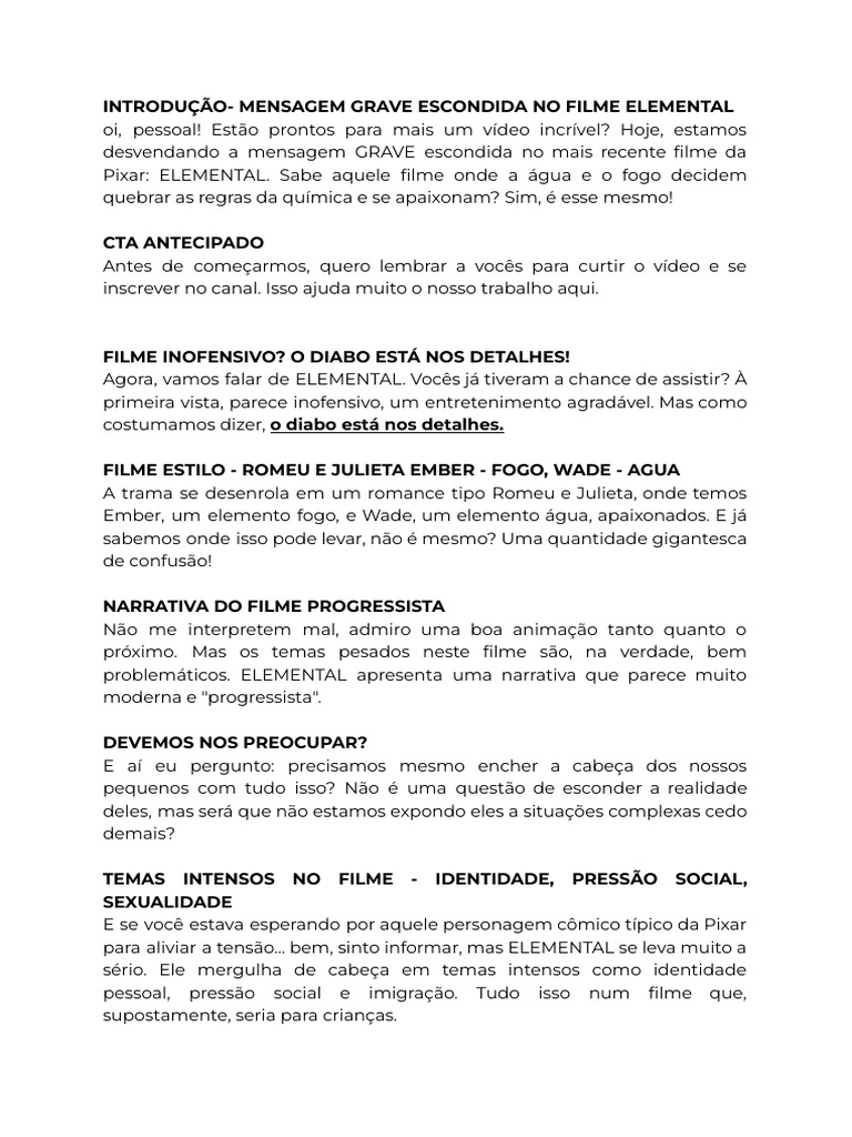Roteiro Simplificado Mensagem Grave Por Trás Do Filme Elemental