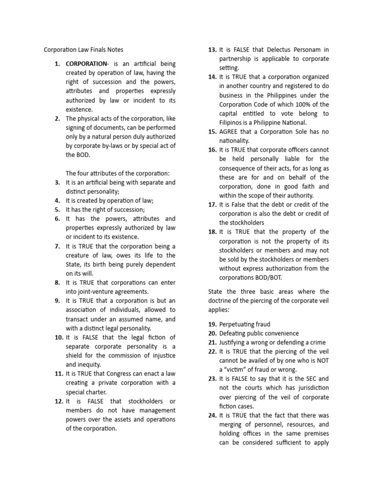 Corporation Law Finals Notes | PDF | Corporations | Stocks