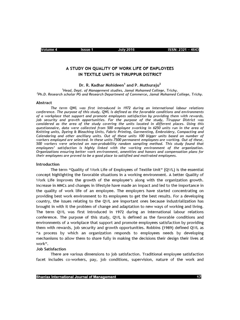 A Study On Quality of Work Life of Employees in Textile Units in ...