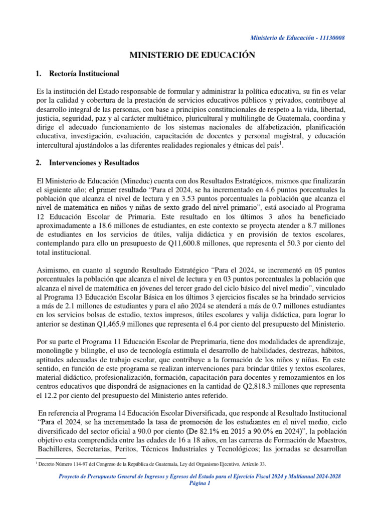 Ministerio de Educación | PDF | Presupuesto | Educación de la primera ...