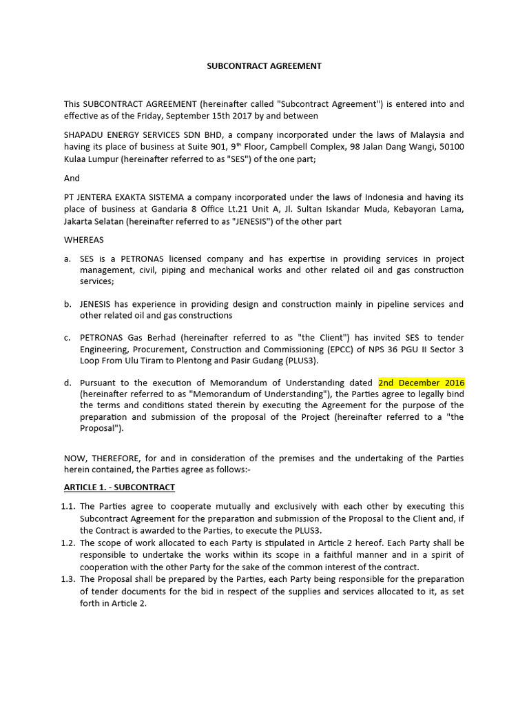 Subcontract Agreement (Jenesis) V.1.1 | PDF | Legal Liability | Civil ...