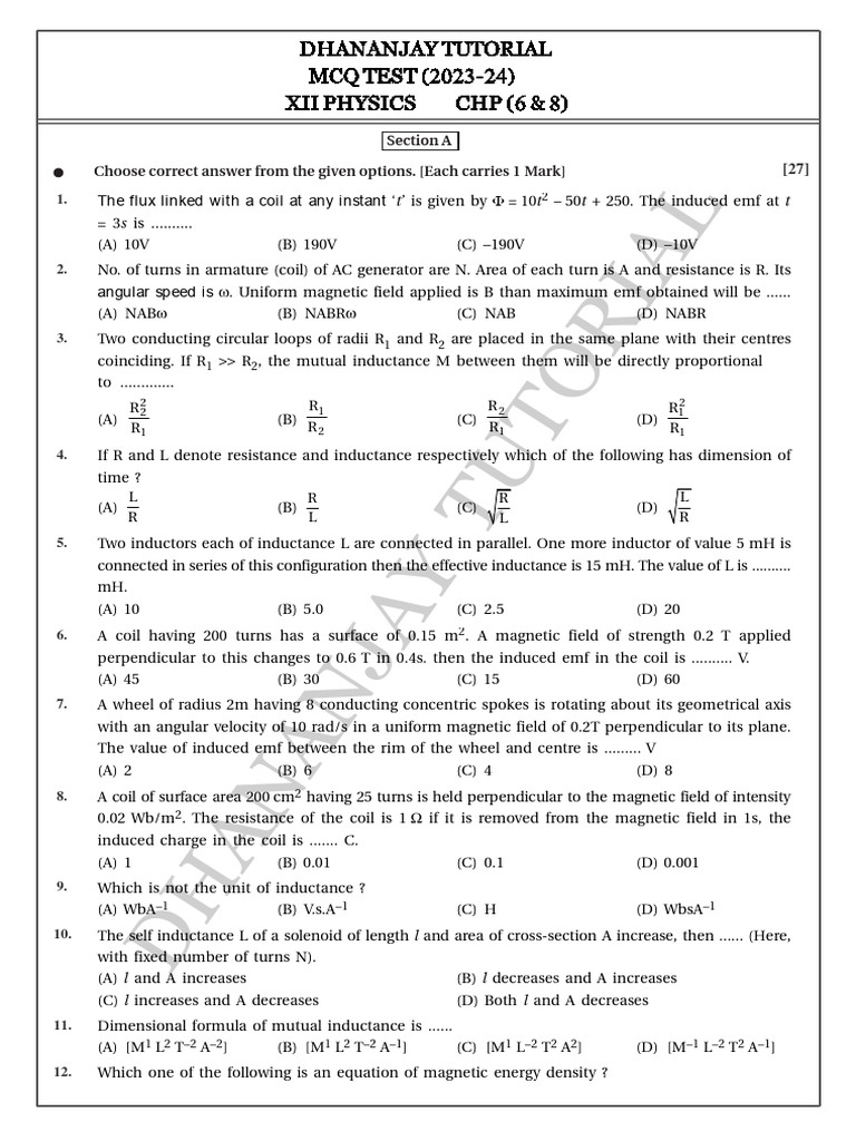 MCQ Physics Test for XII Chapters 6 & 8 | PDF | Inductance | Inductor