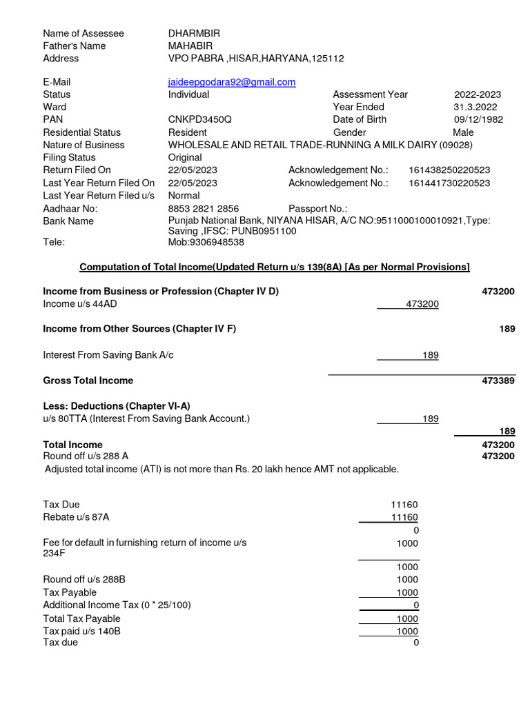 Tax Return Summary for Dharambir 2022-23 | PDF | Taxes | Loans