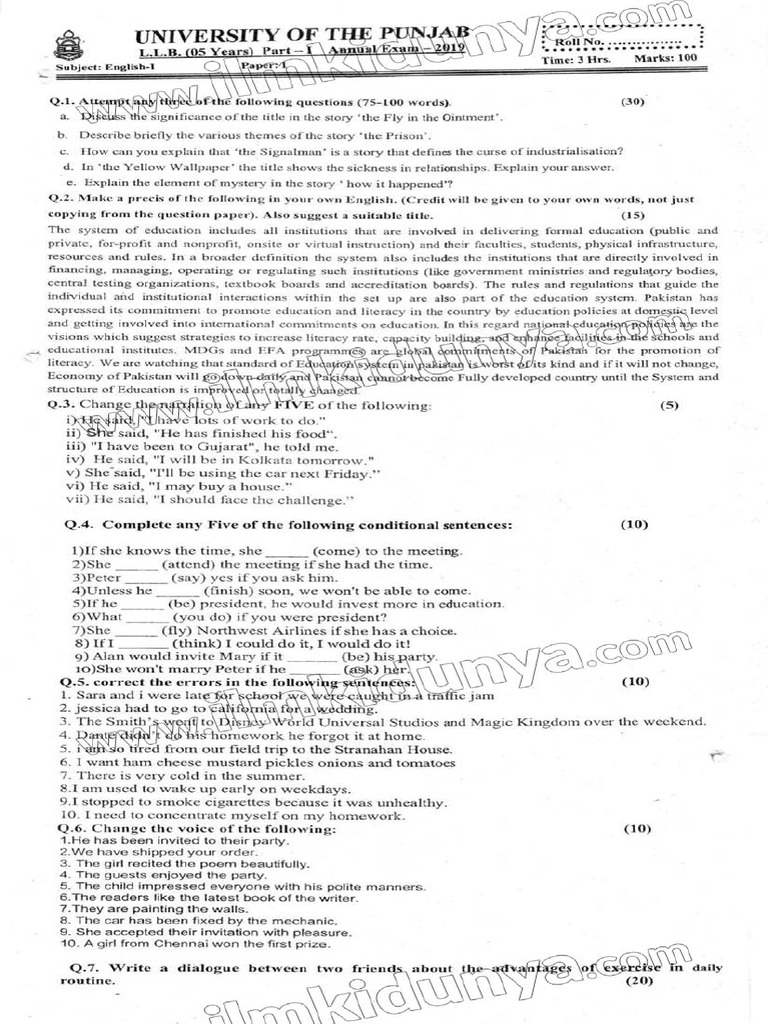 Past Paper LLB Part 1 For 5 Year Program Punjab University English ...