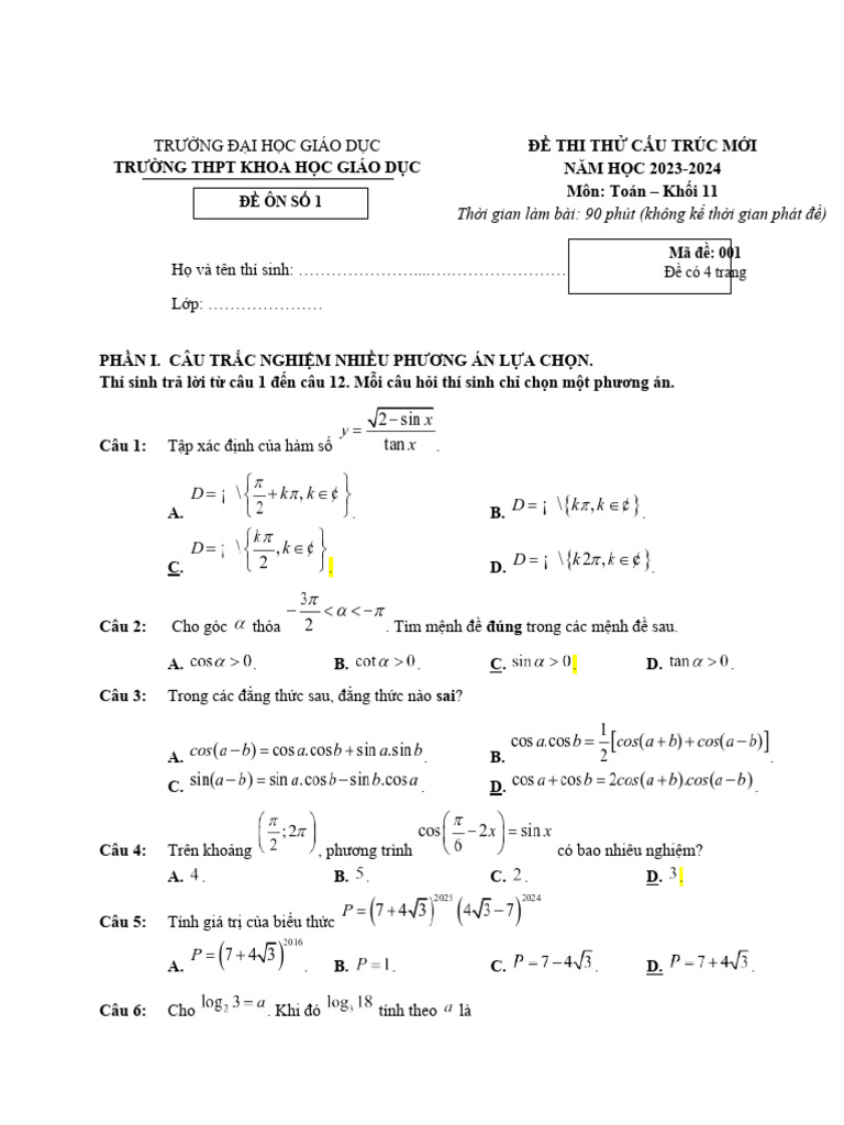ĐA Đề ôn số 1 - Toán 11 - GK2 - SỞ HN 23.24 | PDF