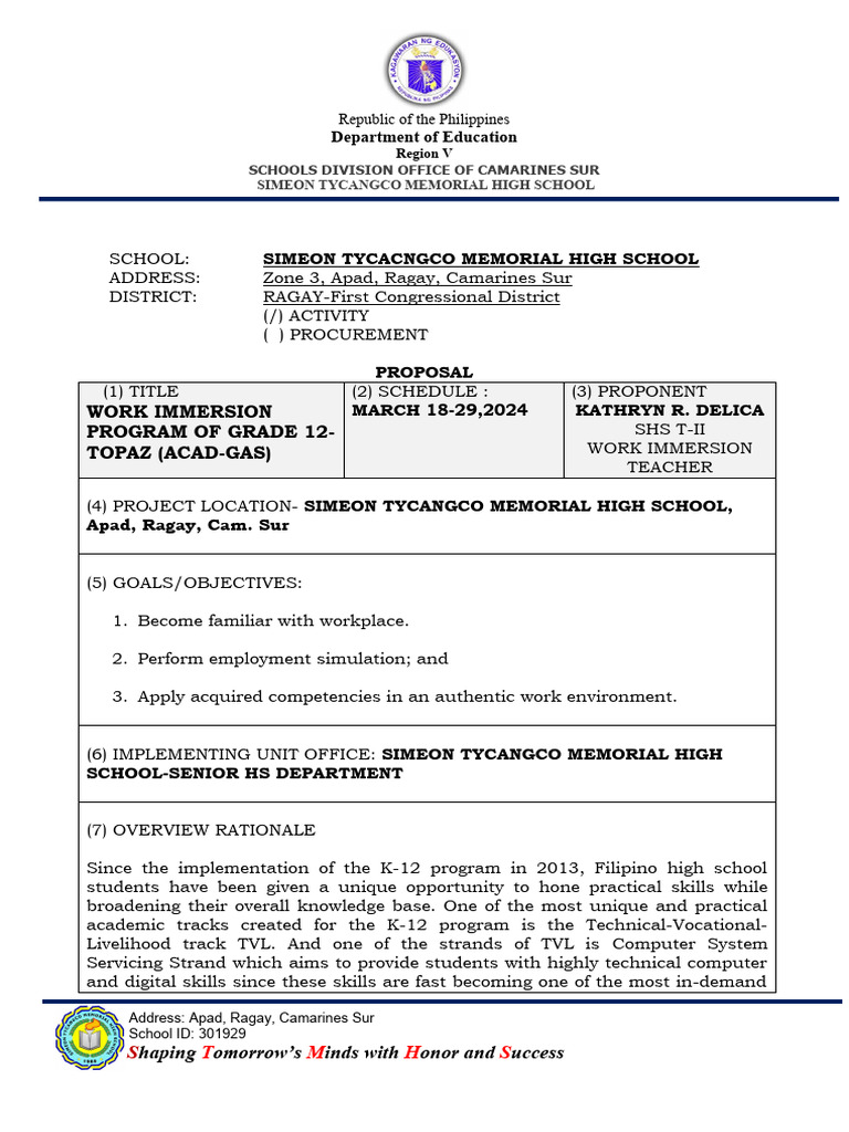 Grade 12 Work Immersion Program Proposal | PDF | Behavior Modification