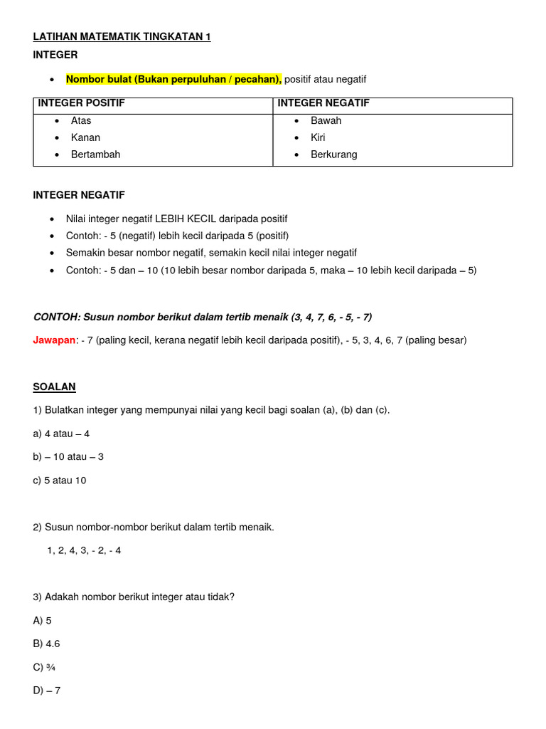 Latihan Matematik Tingkatan 1 | PDF