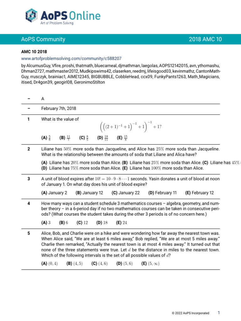 Aops Community 2018 Amc 10 PDF Mathematics Euclidean Plane Geometry