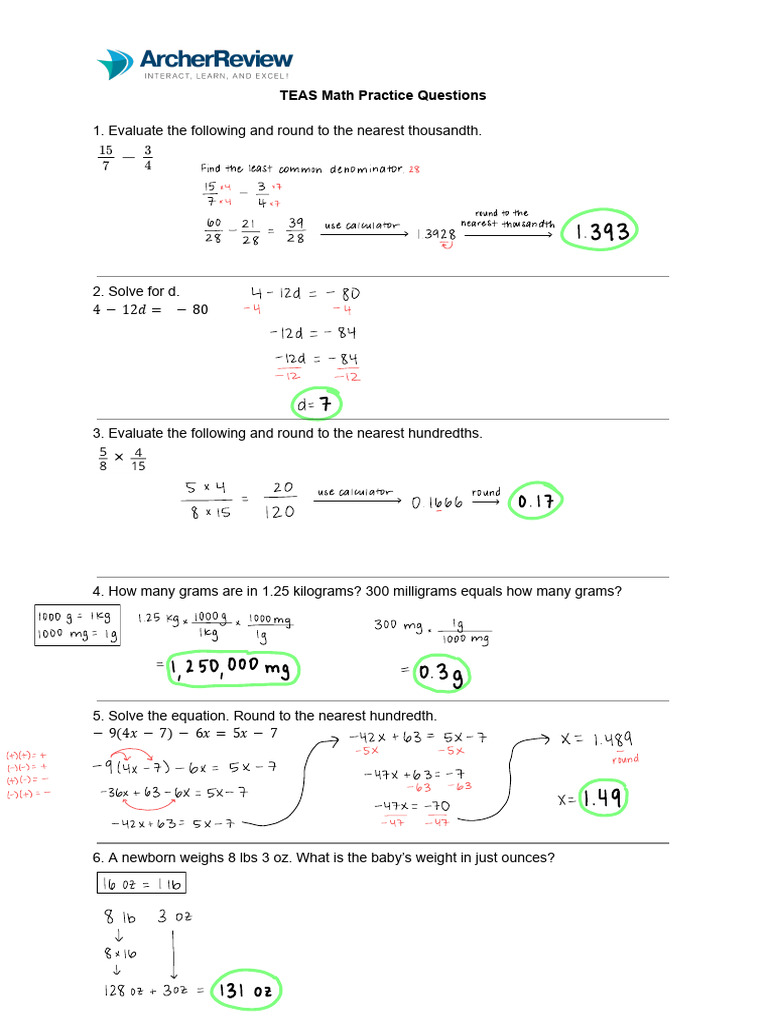 TEAS Math Practice Questions A Answers | PDF | Teaching Methods ...