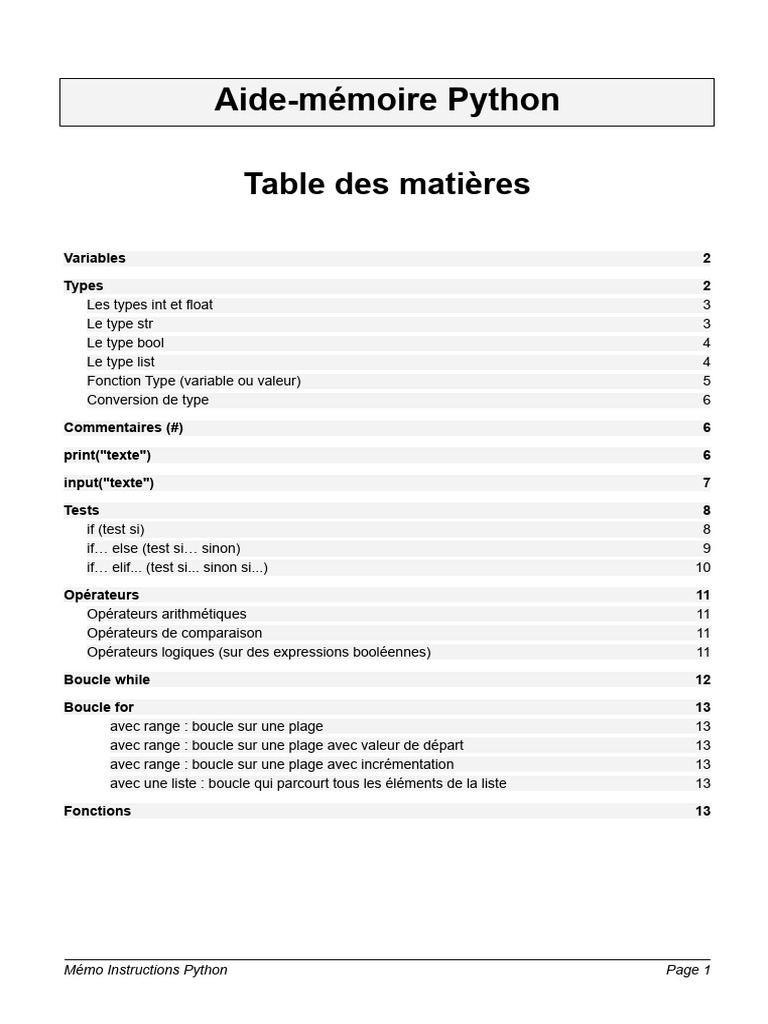 Aide-mémoire Python : Variables et Types | PDF | Structure de contrôle ...